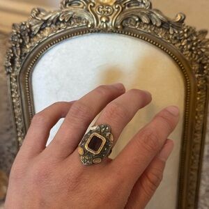 Vintage 10k Gold & Sterling Silver Statement Ring with Garnet Center